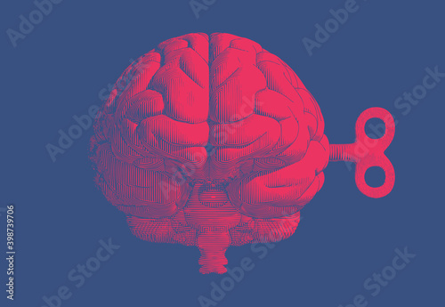 Red vintage drawing brain and wind up key on blue BG