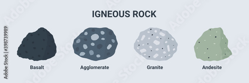 Igneous rock illustration set. Basalt Agglomerate Granite and Andesite.