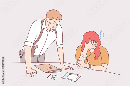 Fototapeta Naklejka Na Ścianę i Meble -  Interrogation of suspected person concept. Furious man police officer investigator cartoon character with gun standing and interrogating sitting depressed woman suspect vector illustration