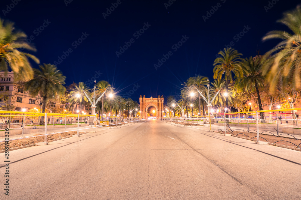 Arc de Triomf at night in the city of Barcelona in Catalonia, Spain