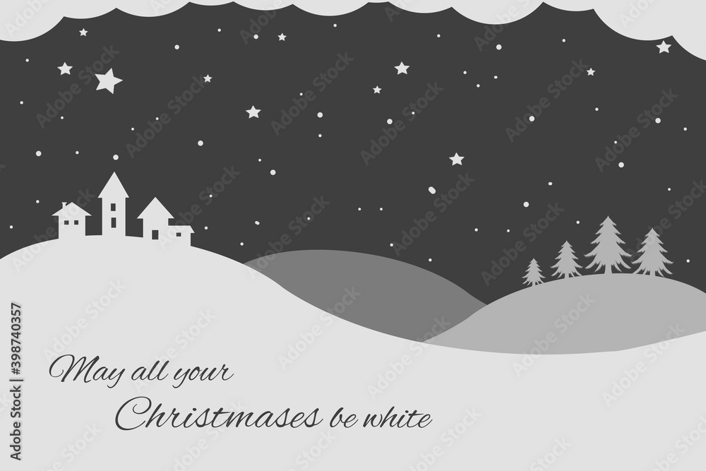 Christmas greeting card | Holiday Digital Postcard | Winter Wonderland Landscape Illustration | Snowy Village And Forest