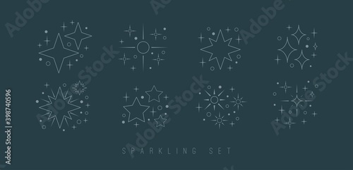 Twinkle Stars set. Shine Sparkles. Minimalistic Icons. Elegant thin line simple geometric design. Party, celebration concept. Trendy Vector Illustrations. All elements are isolated on blue