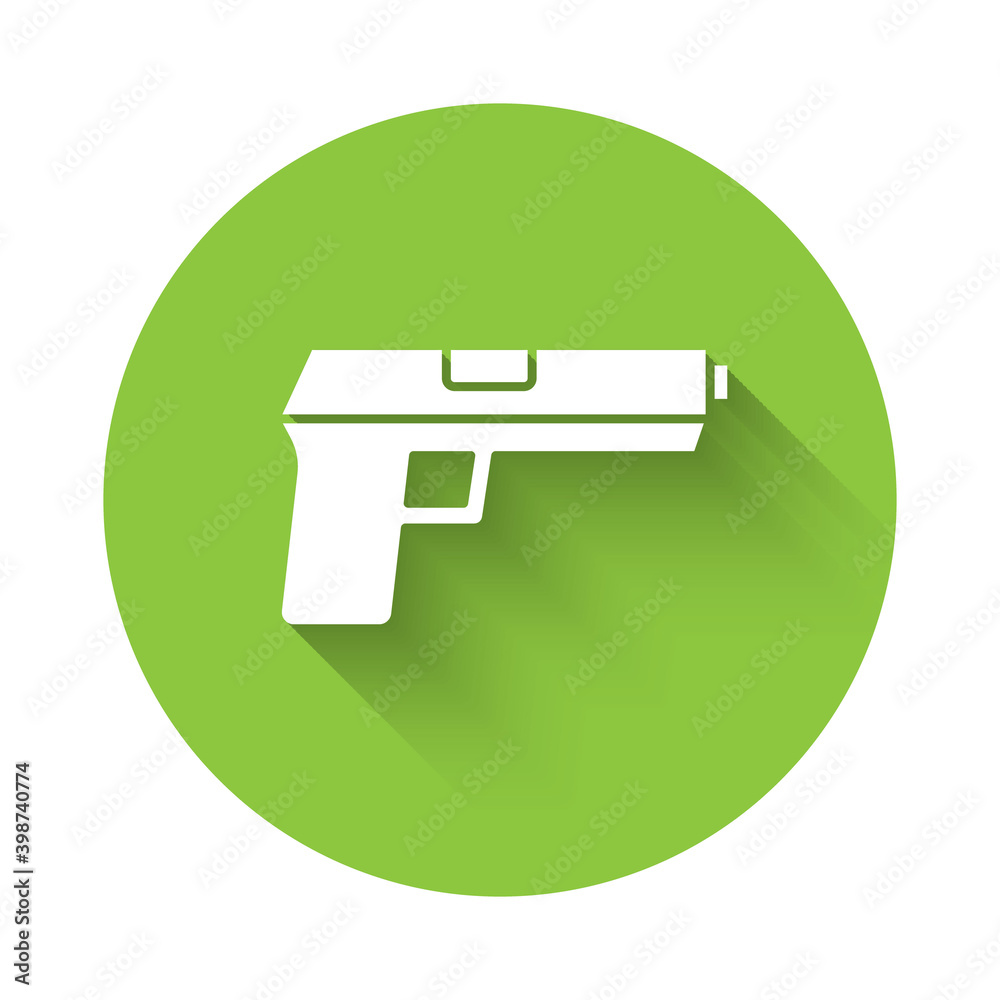 White Pistol or gun icon isolated with long shadow. Police or military handgun. Small firearm. Green circle button. Vector. White Pistol or gun icon isolated with long shadow. Police or military handgun. Small firearm. Green circle button. Vector.