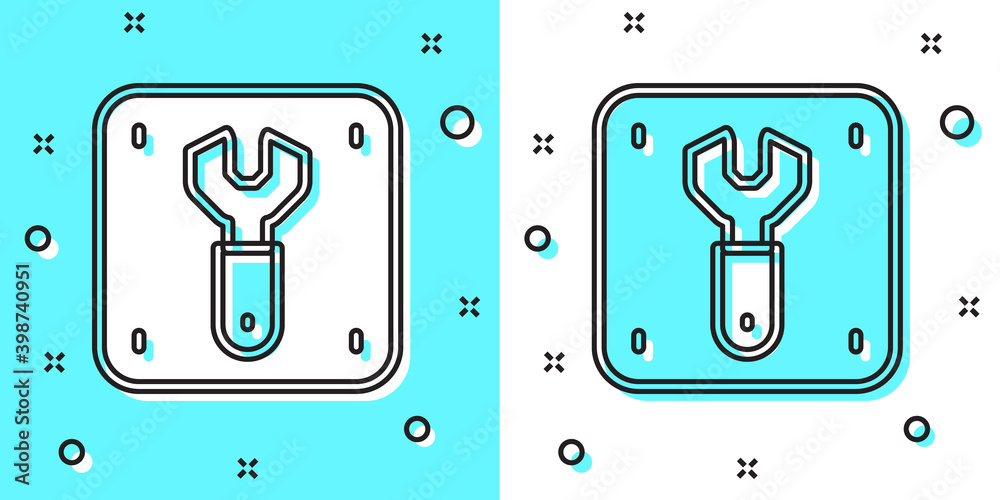 Black line Repair of railway icon isolated on green and white background. Repair works. Renovation work. Sign and barrier tapes. Random dynamic shapes. Vector. Black line Repair of railway icon isolated on green and white background. Repair works. Renovation work. Sign and barrier tapes. Random dynamic shapes. Vector.