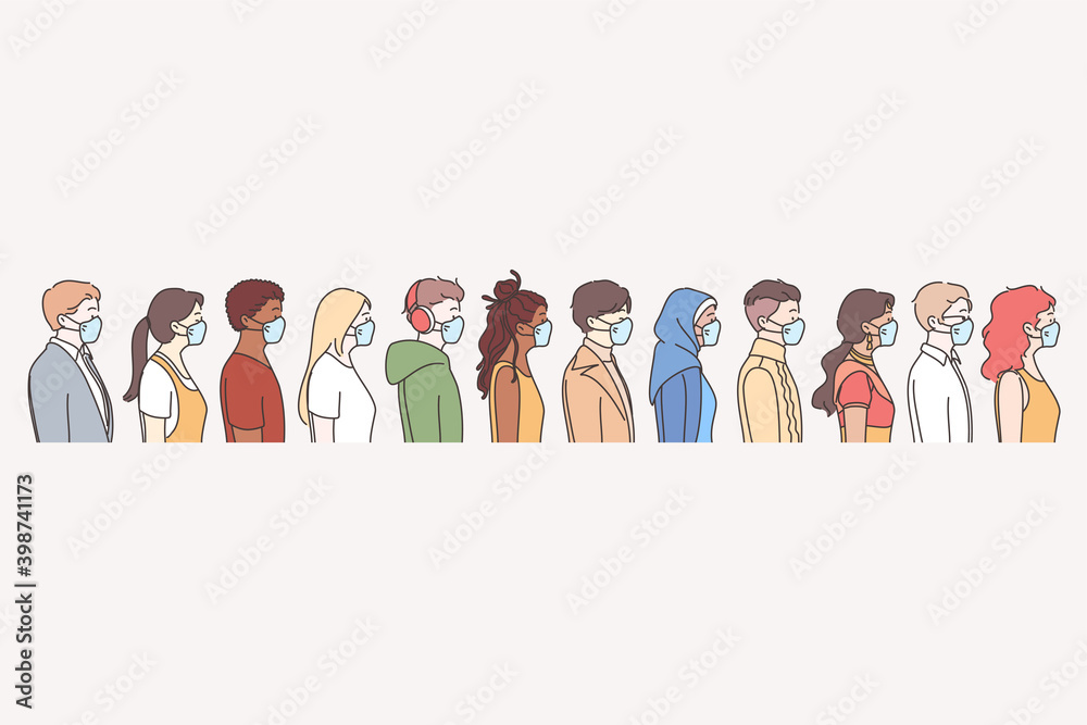 Coronavirus pandemic and individual protection concept. Group of young men and women of different races wearing medical masks to prevent virus, disease, air pollution, infection in line Coronavirus pandemic and individual protection concept. Group of young men and women of different races wearing medical masks to prevent virus, disease, air pollution, infection in line