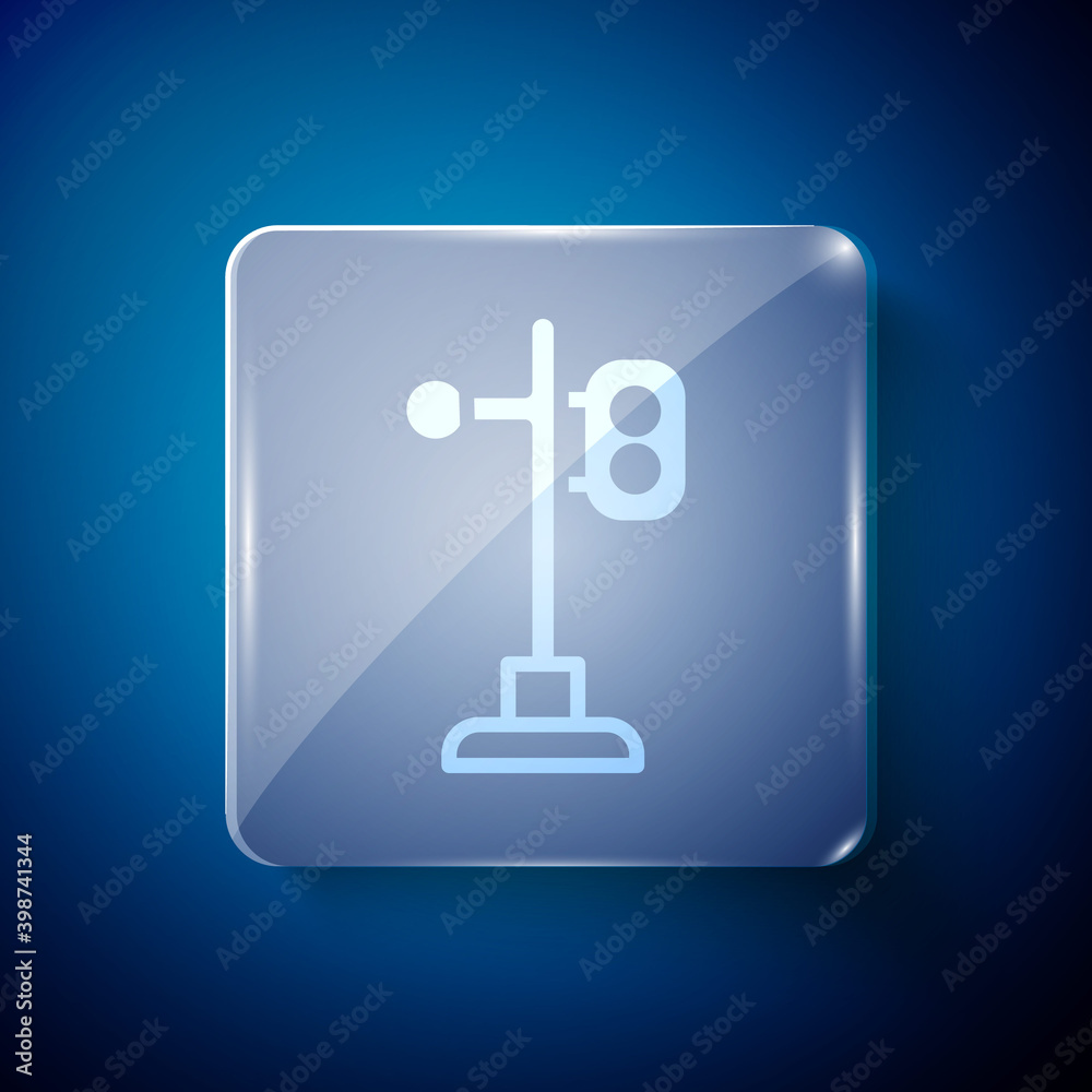 White Train traffic light icon isolated on blue background. Traffic lights for the railway to regulate the movement of trains. Square glass panels. Vector. White Train traffic light icon isolated on blue background. Traffic lights for the railway to regulate the movement of trains. Square glass panels. Vector.