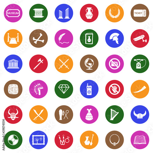 Museum Icons. White Flat Design In Circle. Vector Illustration.