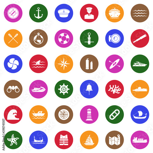 Nautical Icons. White Flat Design In Circle. Vector Illustration.
