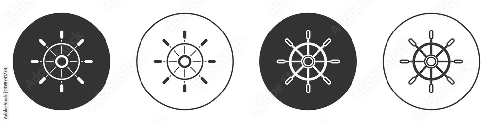 Black Ship steering wheel icon isolated on white background. Circle button. Vector. Black Ship steering wheel icon isolated on white background. Circle button. Vector.