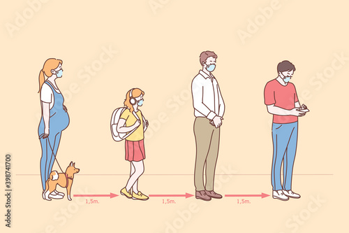 Social distance during coronavirus infection outbreak concept. Group of people in medical face masks waiting for going inside shop or market market and keeping social distance during COVID-19