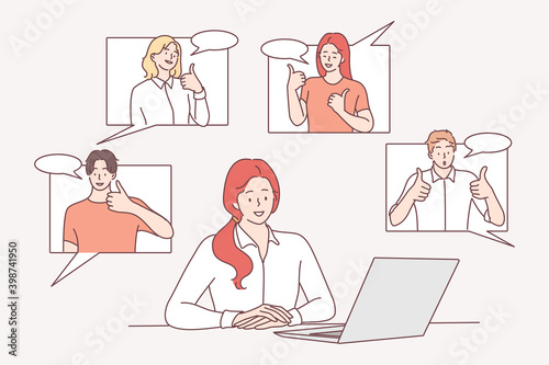 Efficiency in work, colleagues support, success in career concept. Successful young woman office worker feeling fine with colleagues partners supporting her vector illustration 