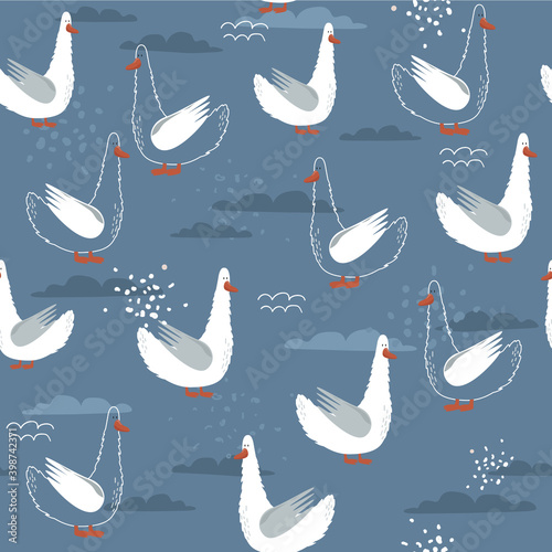 Seamless pattern, birds, hand drawn overlapping backdrop. Colorful background vector. Cute illustration, geese. Decorative wallpaper, good for printing