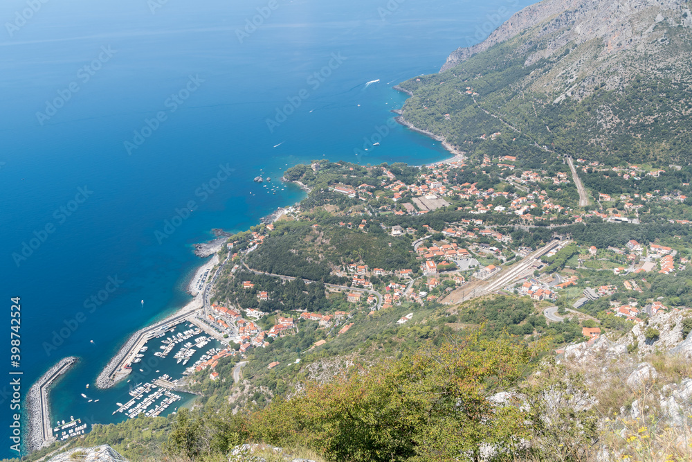 View from the San Biagio mountain with the statue of Christ the Redeemer (Cristo Redentore) on Tyrrhenian sea coast and Maratea, Basilicata, Italy