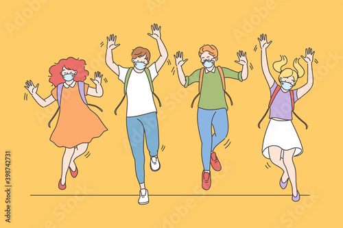 Back to school after coronavirus pandemic concept. Happy jumping kids wearing face medical mask for protection from COVID-19 feeling excited to be back to class with friends and mates illustration
