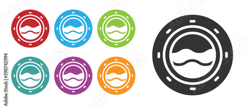 Black Ship porthole with rivets and seascape outside icon isolated on white background. Set icons colorful. Vector.
