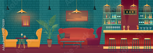 Bar pub interior vector illustration. Empty modern bar counter with tables, lounge and barista board, shelves with alcohol drink wine bottles, inside nightclub, cafe or restaurant view background.