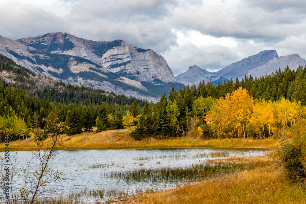 Fall colours at Middle Lake. Bow Valley Provincial Park, Alberta, Canada