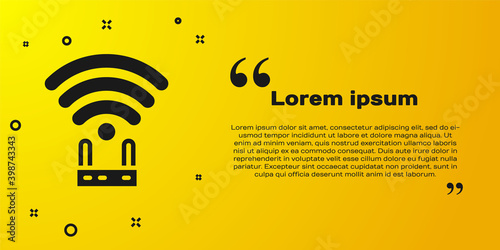 Black Router and wi-fi signal icon isolated on yellow background. Wireless ethernet modem router. Computer technology internet.  Vector.