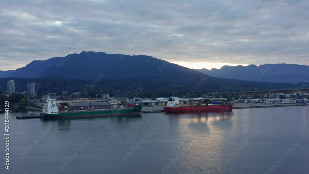 Aerial Drone North Vancouver And Harbour At Sunset, British Columbia, Canada Aerial Drone North Vancouver And Harbour At Sunset, British Columbia, Canada