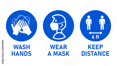 Round Instruction Signs with Basic Set of Measures against the Spread of Coronavirus Covid-19 including Wash Hands, Wear a Mask and Keep Distance 6 ft or 6 Feet. Vector Image.