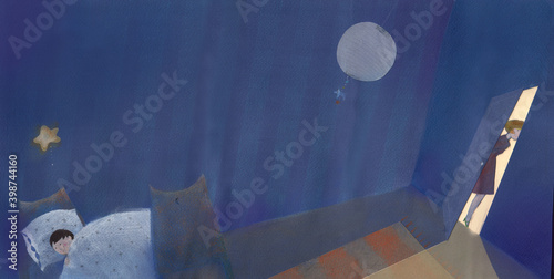 Konstfotografi a boy falling asleep in his room and mum sneaking out