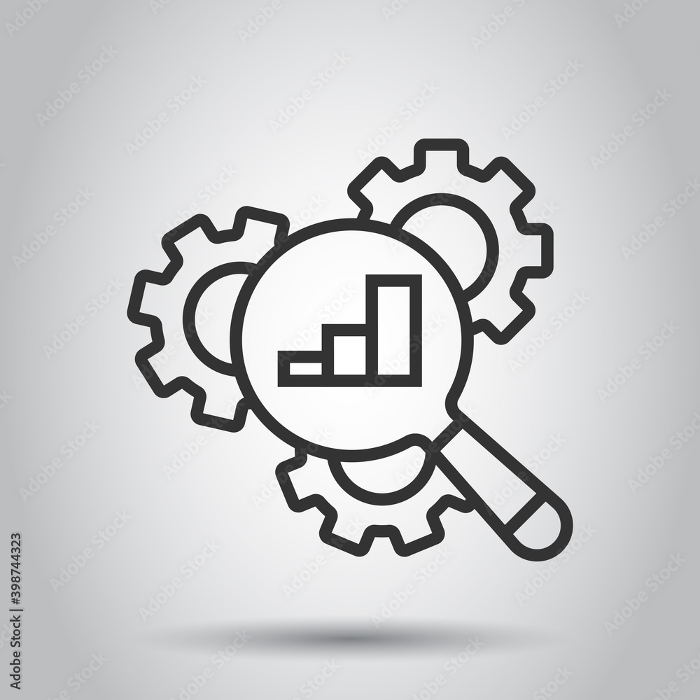 Loupe with gear icon in flat style. Magnifying glass vector illustration on white isolated background. Seo exploration business concept. Loupe with gear icon in flat style. Magnifying glass vector illustration on white isolated background. Seo exploration business concept.