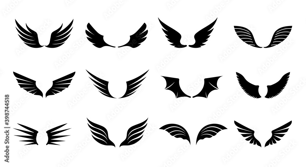 A set of Black Wings. Vector Illustration and outline Icons. Symbol of freedom. A set of Black Wings. Vector Illustration and outline Icons. Symbol of freedom.