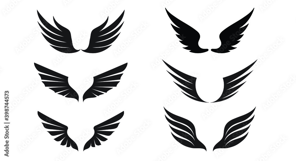A set of Black Wings. Vector Illustration and outline Icons. Symbol of freedom. A set of Black Wings. Vector Illustration and outline Icons. Symbol of freedom.