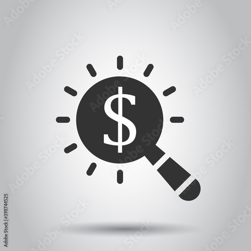 Magnifier glass with money icon in flat style. Dollar search vector illustration on white isolated background. Financial currency business concept.