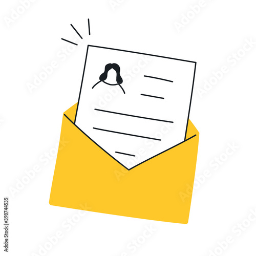 Open envelope with a CV from a woman - with a female profile inside. Job search, employment concept, sending curriculum vitae. Outline vector illustration on white.