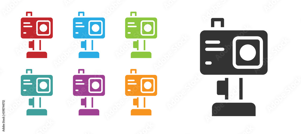 Black Action extreme camera icon isolated on white background. Video camera equipment for filming extreme sports. Set icons colorful. Vector. Black Action extreme camera icon isolated on white background. Video camera equipment for filming extreme sports. Set icons colorful. Vector.