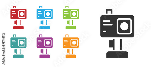 Black Action extreme camera icon isolated on white background. Video camera equipment for filming extreme sports. Set icons colorful. Vector.