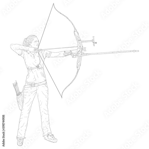 Sketches silhouettes attractive female archer bending a bow and aiming in the target