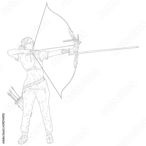 Billede på lærred Sketches silhouettes attractive female archer bending a bow and aiming in the ta