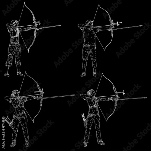 Set Sketches silhouettes attractive female and male archer bending a bow and aiming in the target