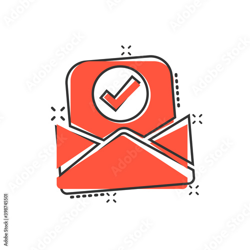 Envelope with confirmed document icon in comic style. Verify cartoon vector illustration on white isolated background. Receive splash effect business concept.