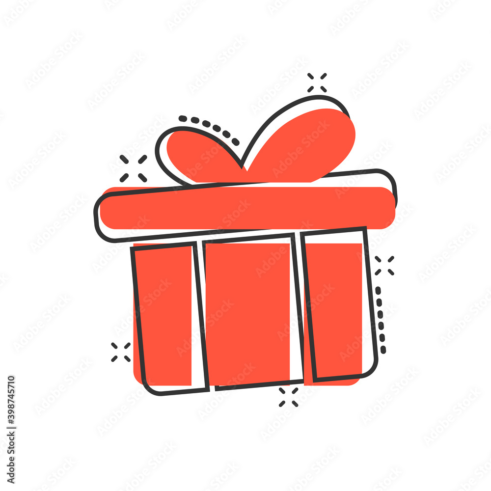 Gift box icon in comic style. Present package cartoon vector illustration on white isolated background. Surprise splash effect business concept. Gift box icon in comic style. Present package cartoon vector illustration on white isolated background. Surprise splash effect business concept.