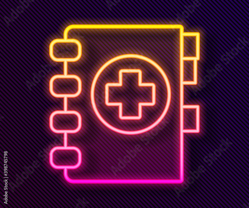 Glowing neon line Medical clipboard with clinical record icon isolated on black background. Prescription, medical check marks report. Vector Illustration