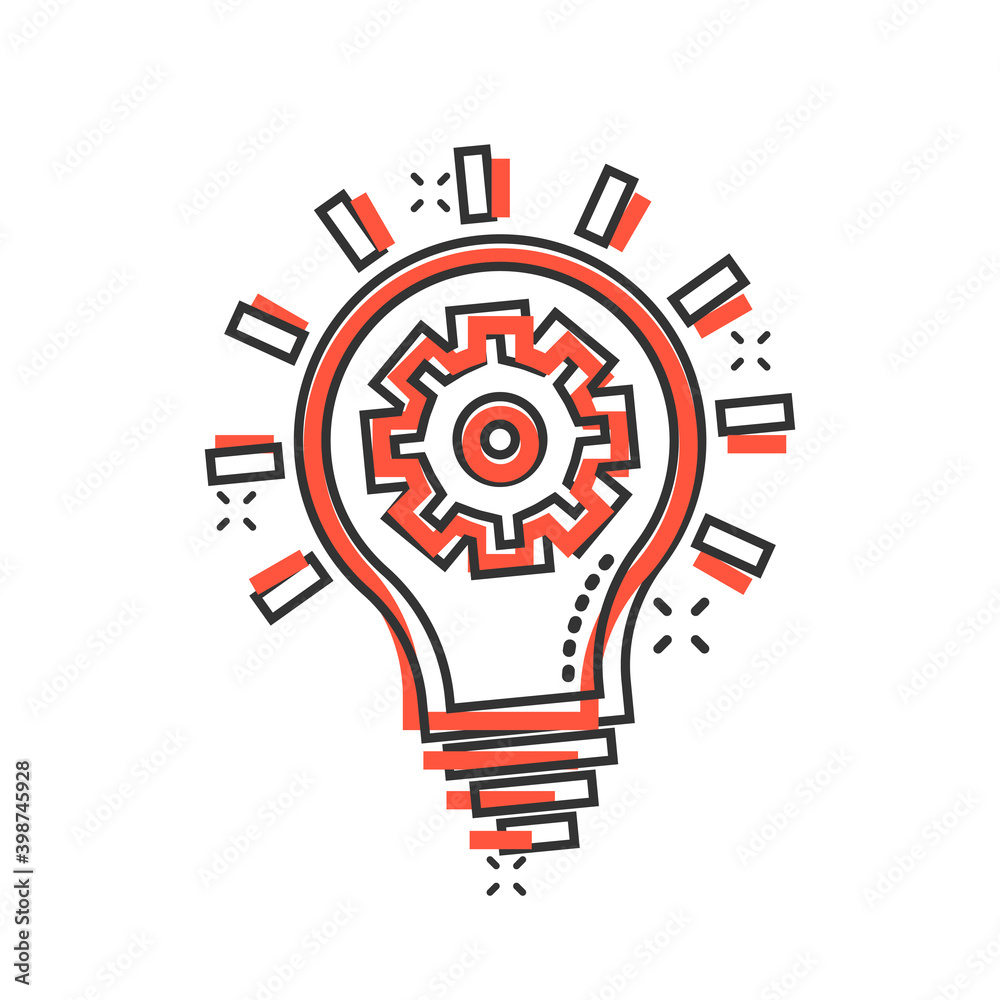 Innovation icon in comic style. Lightbulb with cogwheel cartoon vector illustration on white isolated background. Idea splash effect business concept. Innovation icon in comic style. Lightbulb with cogwheel cartoon vector illustration on white isolated background. Idea splash effect business concept.