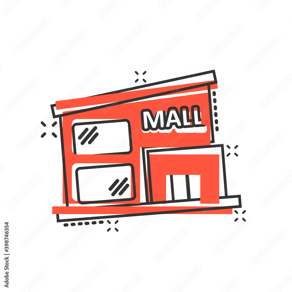 Mall icon in comic style. Store cartoon vector illustration on white isolated background. Shop splash effect business concept. Mall icon in comic style. Store cartoon vector illustration on white isolated background. Shop splash effect business concept.