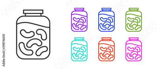 Black line Pickled cucumbers in a jar icon isolated on white background. Set icons colorful. Vector Illustration