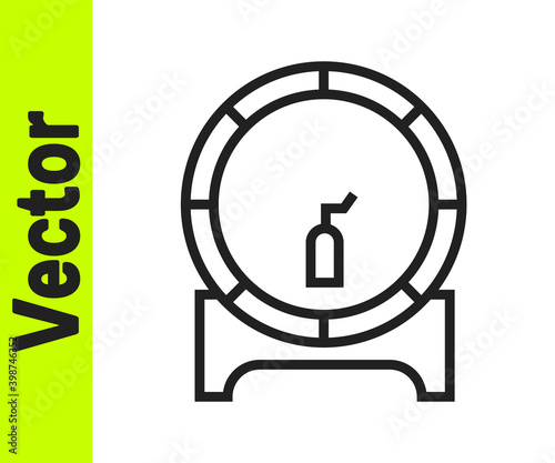 Black line Wooden barrel on rack with stopcock icon isolated on white background.  Vector Illustration