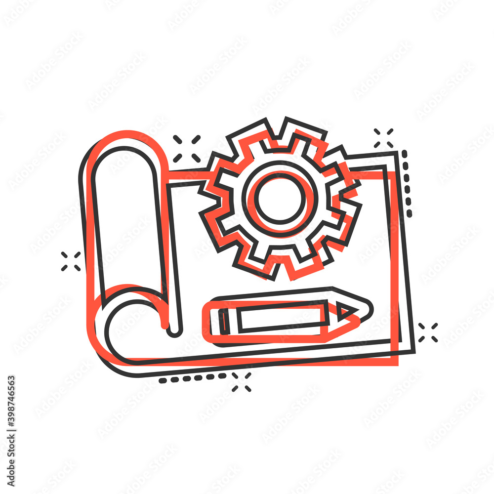 Obraz premium Prototype icon in comic style. Startup cartoon vector illustration on white isolated background. Model development splash effect business concept.