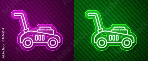 Glowing neon line Lawn mower icon isolated on purple and green background. Lawn mower cutting grass.  Vector Illustration