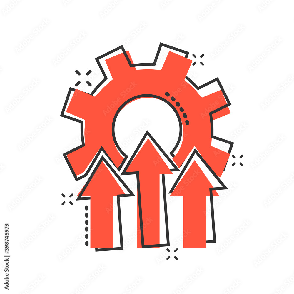 Improvement icon in comic style. Gear project cartoon vector illustration on white isolated background. Productivity splash effect business concept.