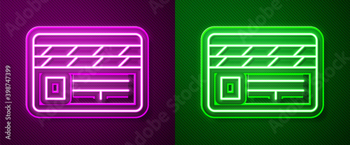 Glowing neon line Movie clapper icon isolated on purple and green background. Film clapper board. Clapperboard sign. Cinema production or media industry.  Vector Illustration
