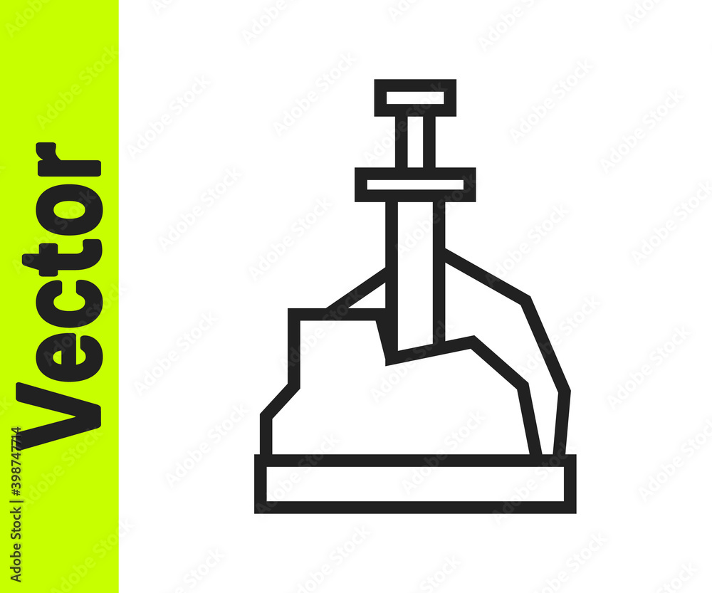 Black line Sword in the stone icon isolated on white background. Excalibur the sword in the stone from the Arthurian legends. Vector. Black line Sword in the stone icon isolated on white background. Excalibur the sword in the stone from the Arthurian legends. Vector.