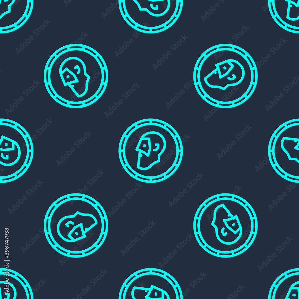 Green line Ancient coin icon isolated seamless pattern on blue background.  Vector.