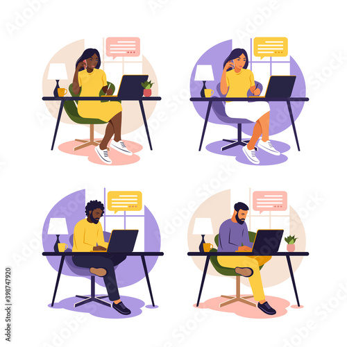 Woman and man sitting table with laptop and phone. Working on a computer. Freelance, online education or social media concept. Studying concept. Flat style.