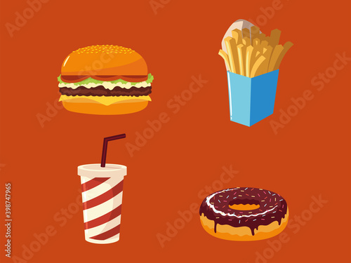 fast food icons set burger soda french fries and donut